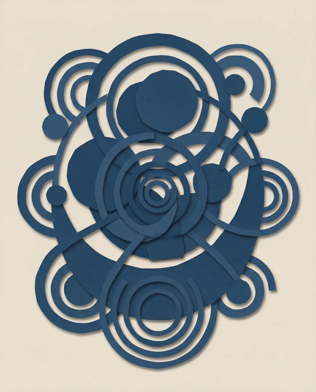 Ilustración abstracta en papel recortado: formas navy concéntricas que evocan un espacio de cuidado contenido